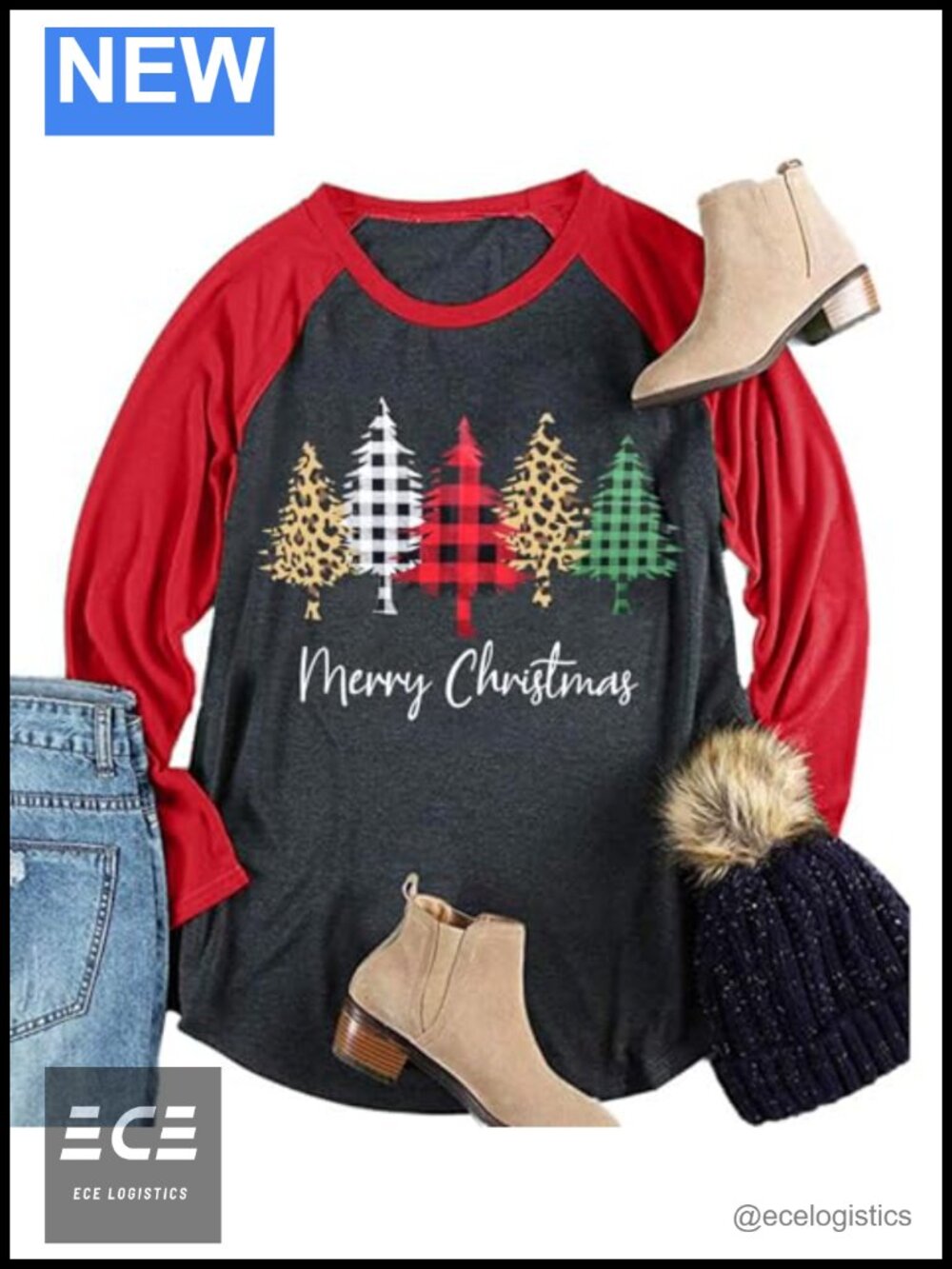 Plus Size Christmas Long Sleeve Tee Leopard Plaid Trees Casual Holiday Top